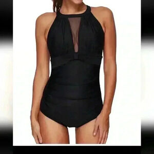 Tempt Me High Neck Mesh Ruched One Piece Swimsuit Black Size Small